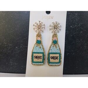 J.CREW Multi-color Earrings Champagne Bottle Beaded Cheers New On Orginal Card